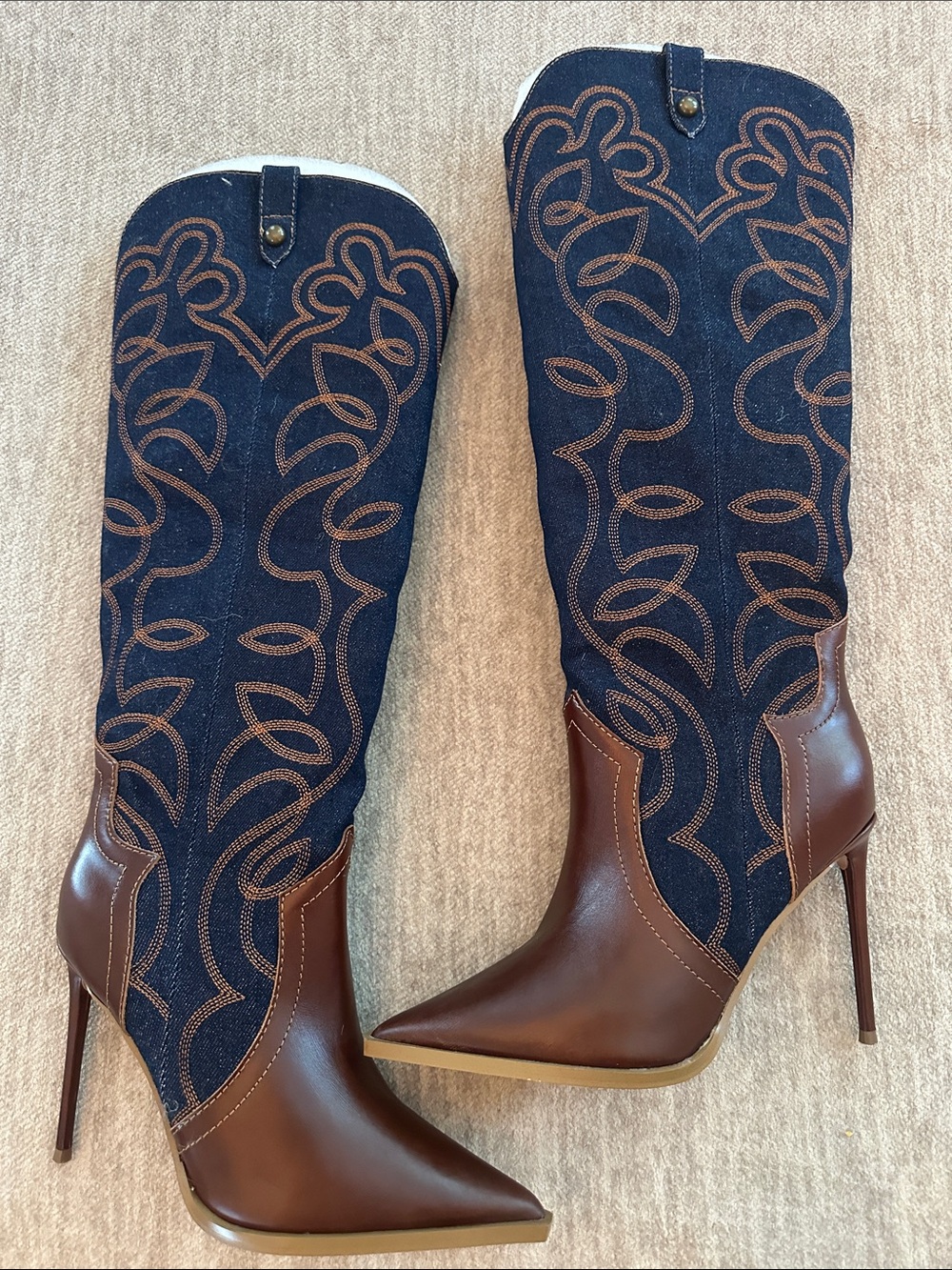 Steve Madden Brown Leather & Navy Embroidered Knee-High Stiletto Boots